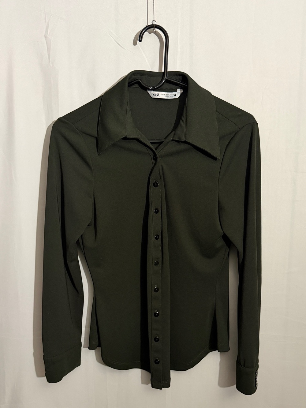 Zara Olive Green Fitted Stretch Button Front Blouse XL